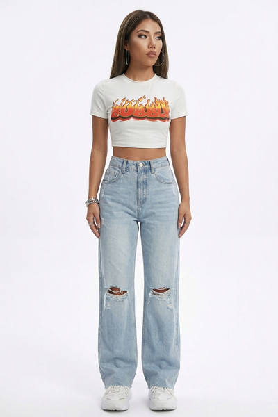 Women's High Waist Straight Leg Ripped Jeans