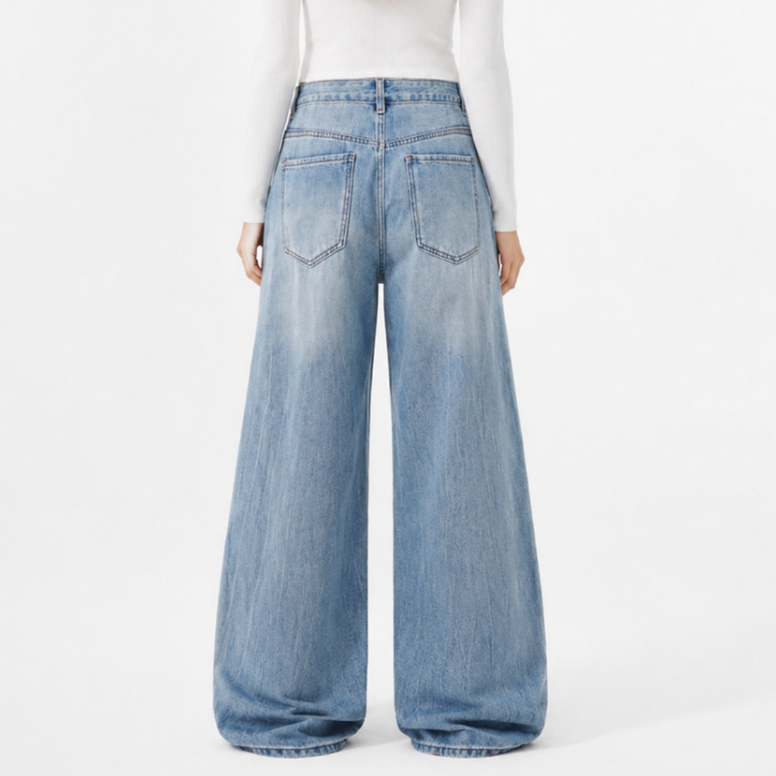 Women's 100% Cotton High Waist Wash Wide Leg Jeans