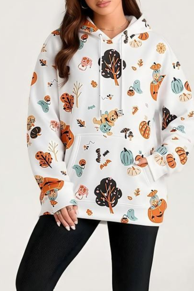 Women Fall Clothing Halloween Cat Ghost Pullover Hoodie