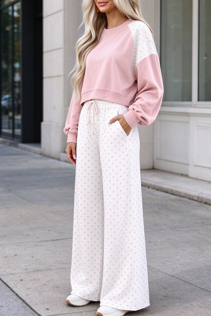 Women's Fall Polka Dot Colorblock Drawstring 2 Piece Set