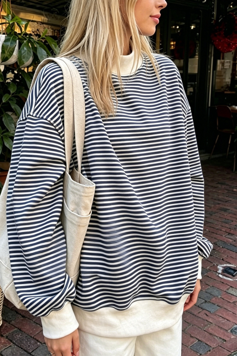 Women Spring Striped Mock Neck Oversized Cotton Sweatshirt