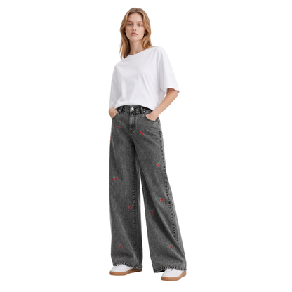 Women's High Waist Cherry Embroidered Wide Leg Jeans