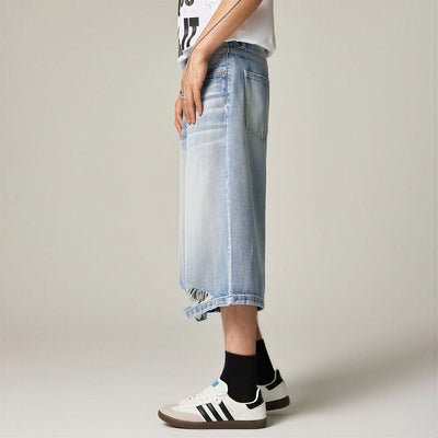 Men's Summer Cat Whisker Ripped Wide-Leg Denim Shorts