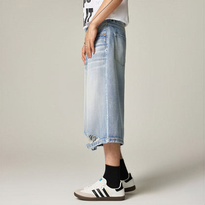 Men's Summer Cat Whisker Ripped Wide-Leg Denim Shorts