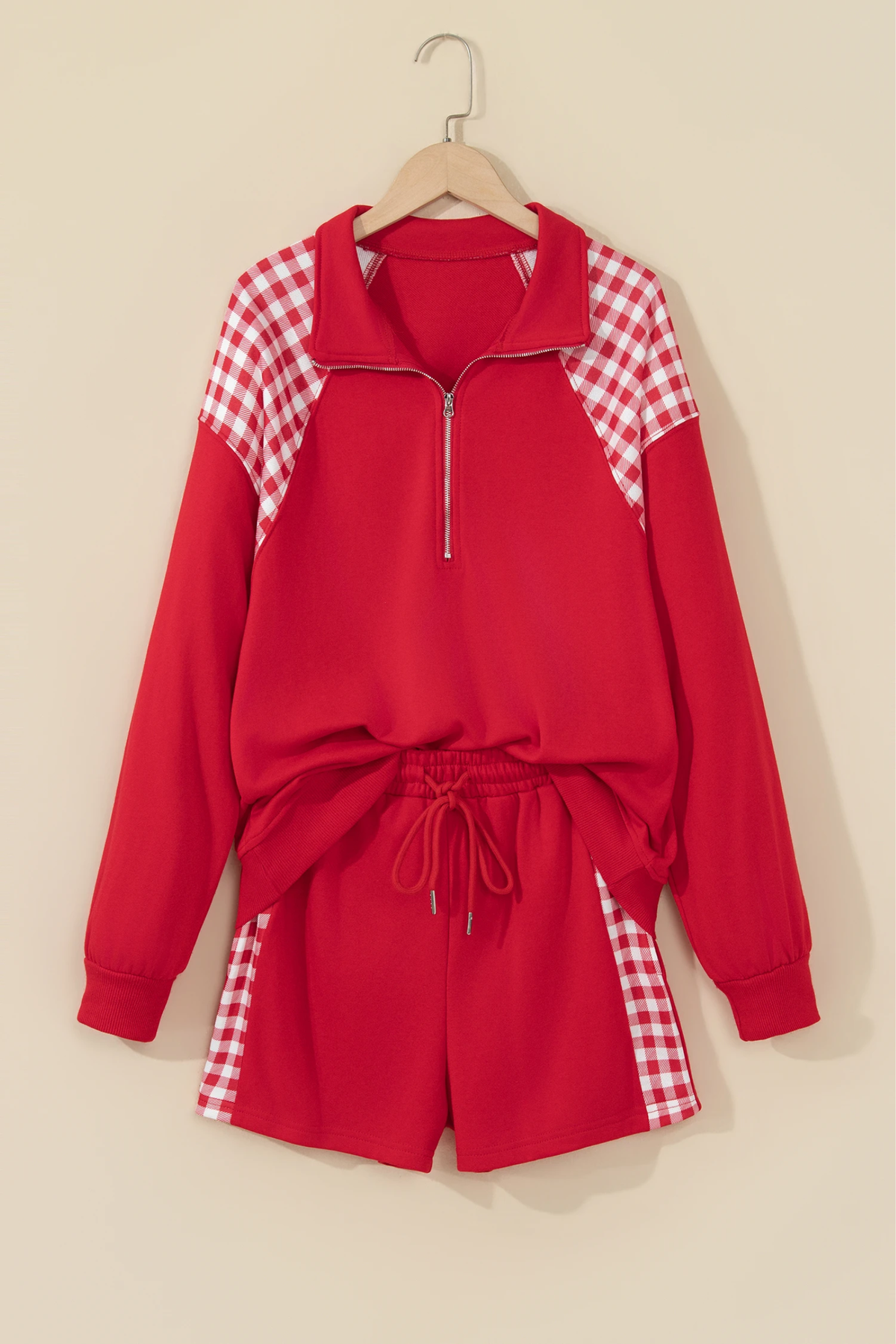 Women Winter Christmas Gingham Half Zip Top Shorts Set