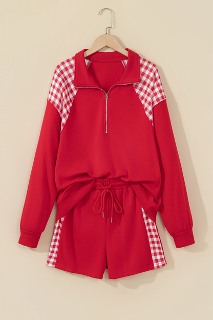 Women Winter Christmas Gingham Half Zip Top Shorts Set