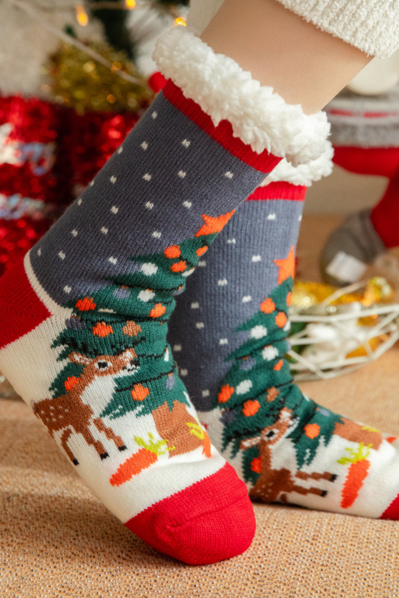 Women Winter Christmas Fleece Cuff Non Slip Slipper Socks