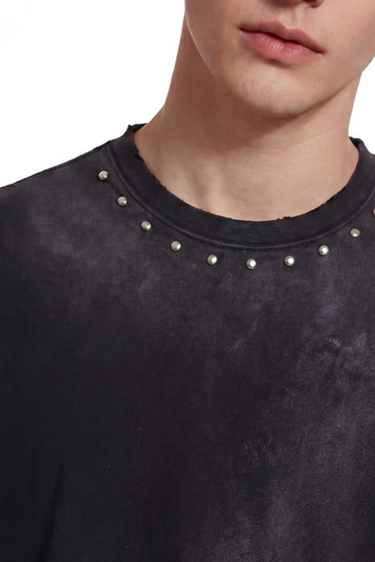 Men's Summer 260g Retro Washed Rivet Distressed Fade Tee