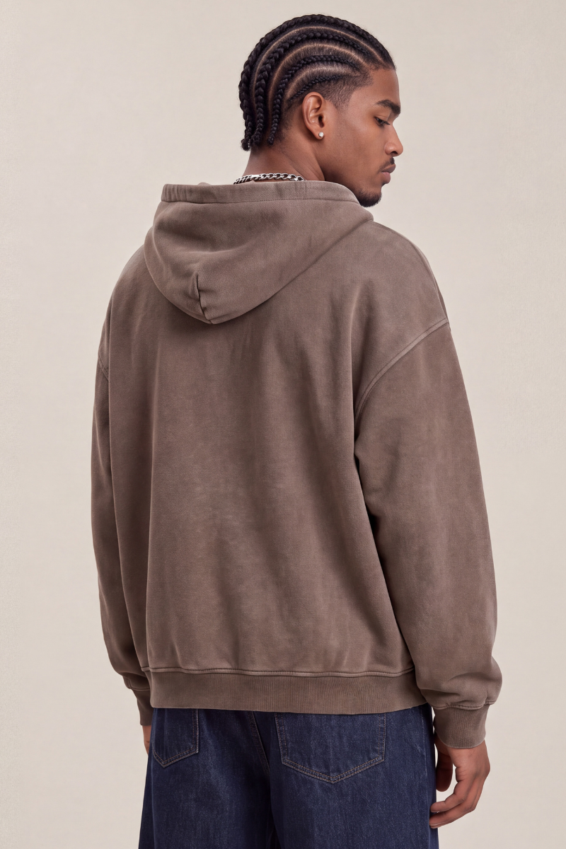 Men Fall Clothing Snow Wash Brushed Fleece Zip Hoodie