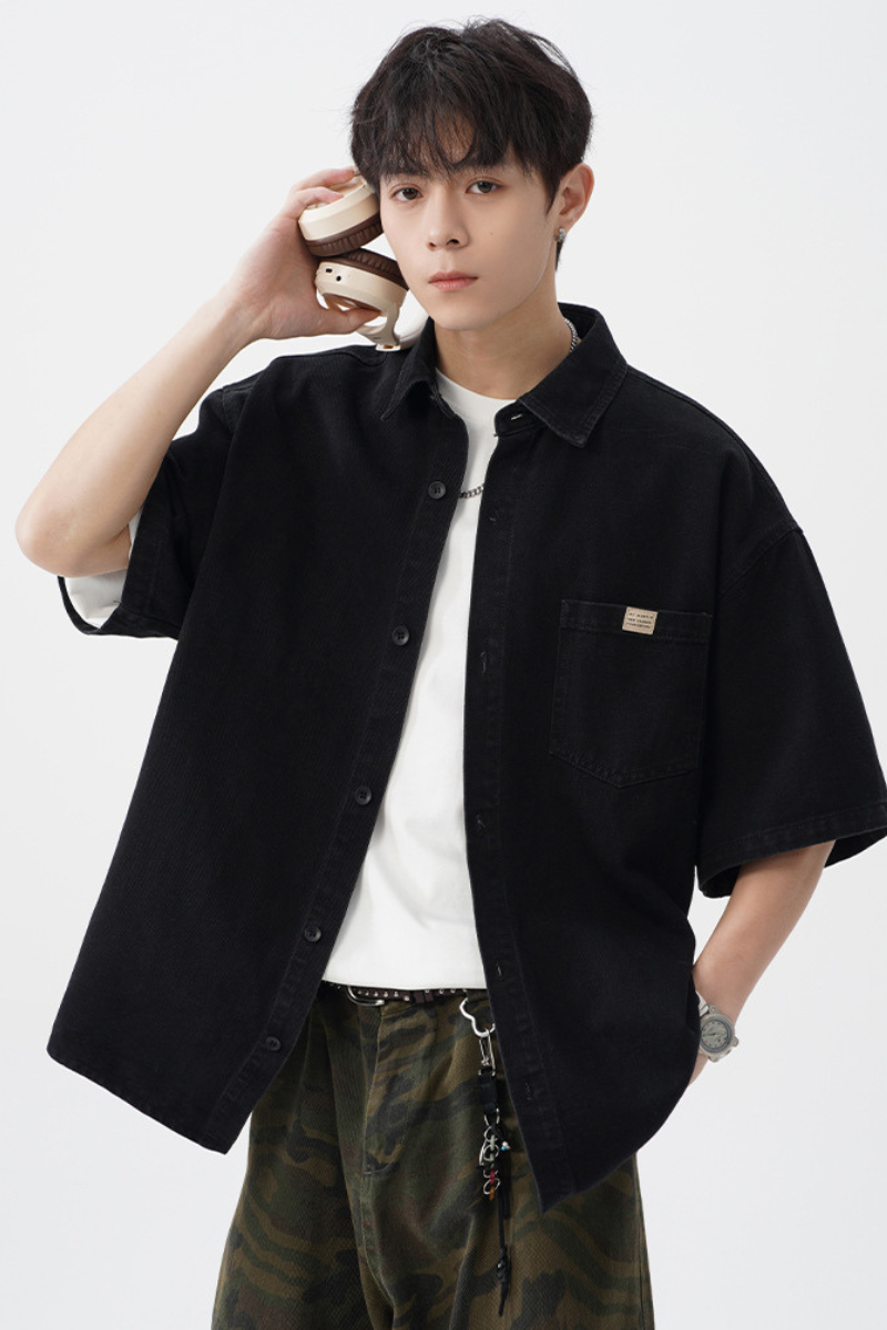 Men's Spring Summer Washed Denim Short Sleeve Japanese Loose