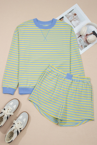 Women Summer Stripe Lounge Sweatshirt and Shorts Set