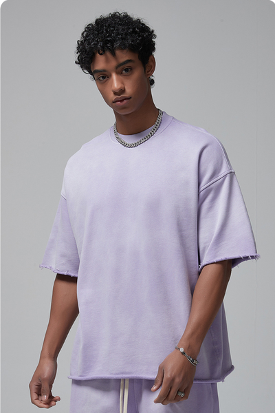 Unisex Streetwear Washed Distressed Curled Hem T-shirt