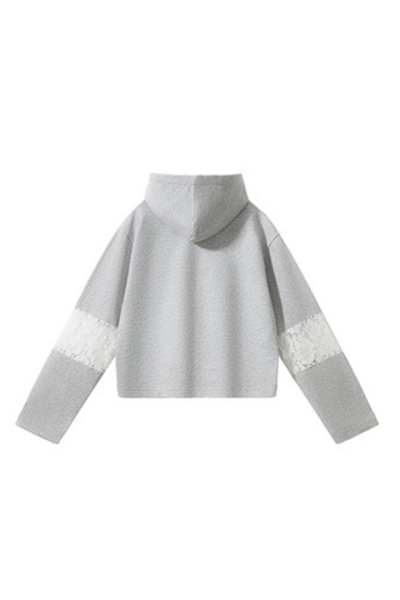 Women Fall Lace Sleeve Cropped Drawstring Pullover Hoodie