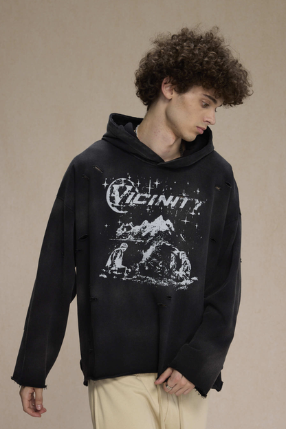 Men's Streetwear Distressed Frayed-Edged Vintage Hoodie