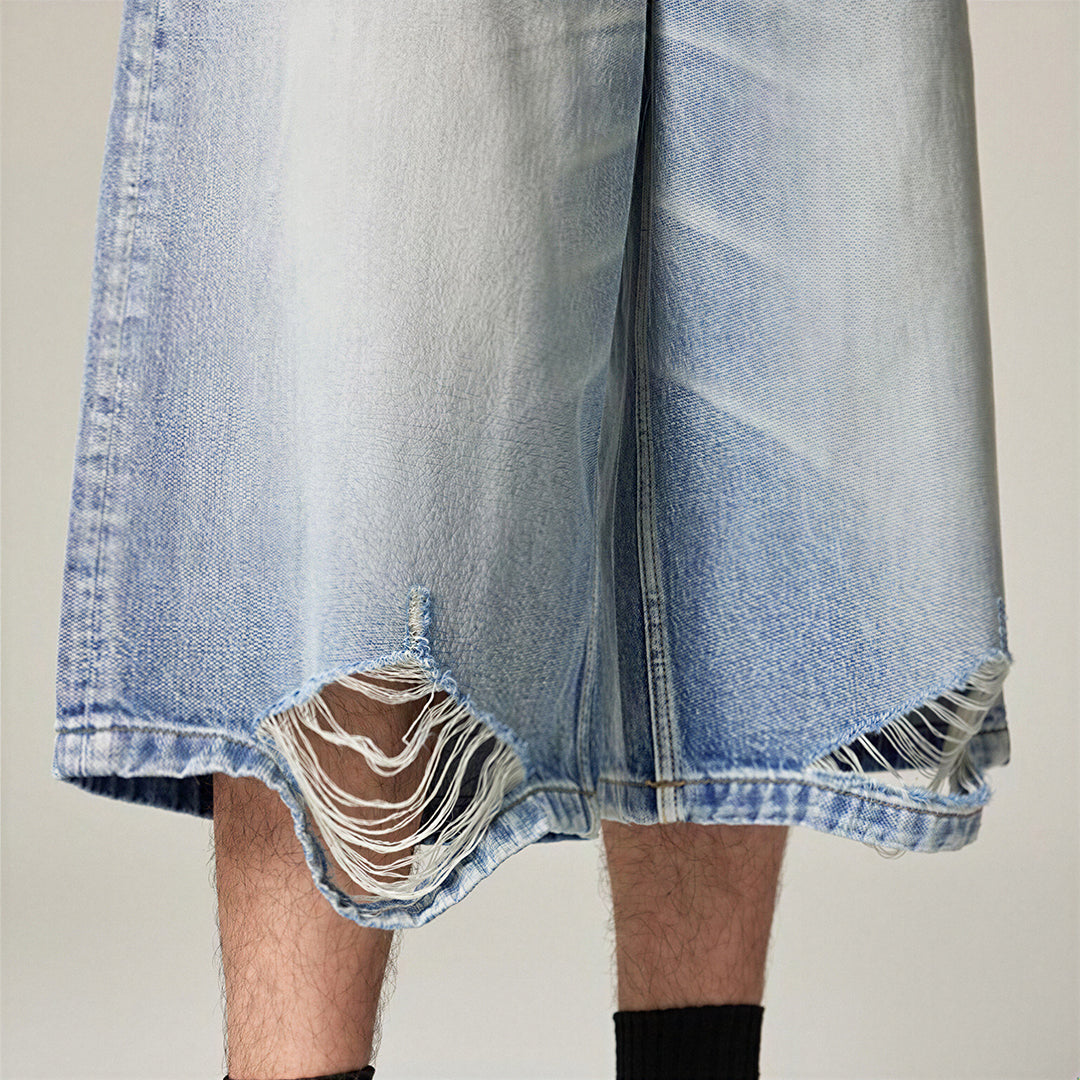 Men's Summer Cat Whisker Ripped Wide-Leg Denim Shorts