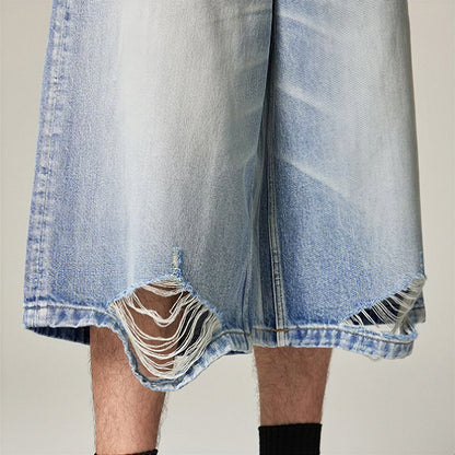 Men's Summer Cat Whisker Ripped Wide-Leg Denim Shorts