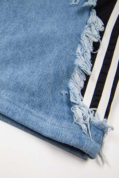 Unisex Summer Cotton Fringe Patch Striped Wide-Leg Jeans