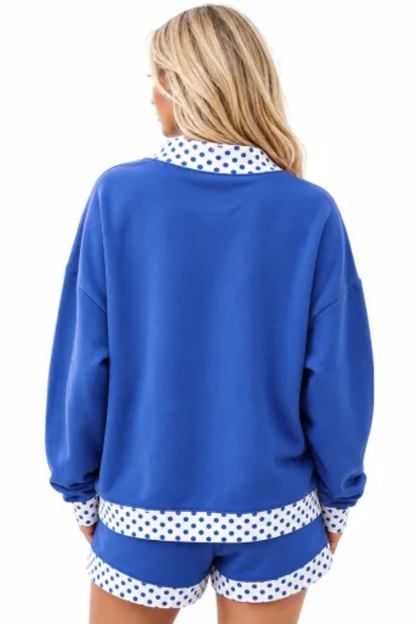 Women Fall Polka Dot Mock Neck Sweatshirt Shorts Set