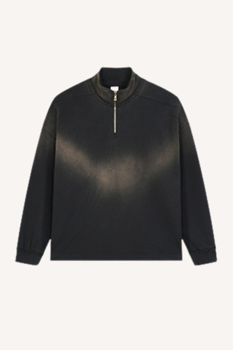 Men's 465g Mock Neck Patch Raw Washed Half Zip Sweatshirt