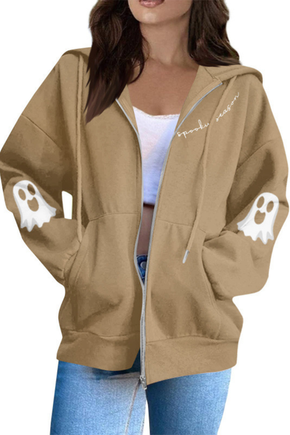 Women Fall Clothing Halloween Ghost Graphic Zip Up Hoodie
