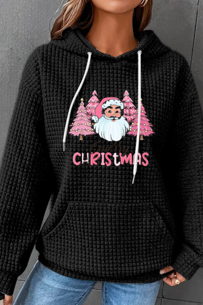 Women Winter Christmas Santa Waffle Knit Pullover Hoodie