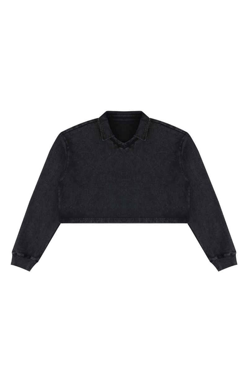 Women Fall Clothing Snow Washed Collared Crop Sweatshirt