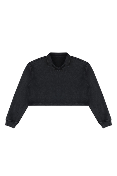 Women Fall Clothing Snow Washed Collared Crop Sweatshirt