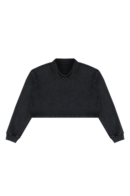 Women Fall Clothing Snow Washed Collared Crop Sweatshirt