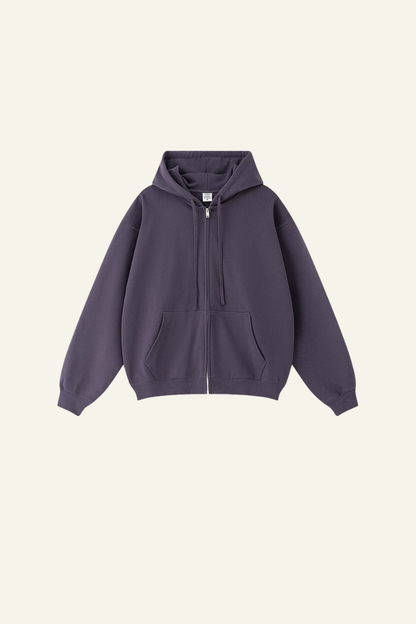 Pure color terry cloth hooded zip-up sweatshirt.