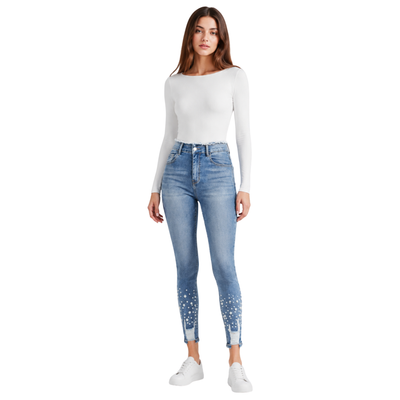 Women's High Waist Pearl Embellished Stretch Skinny Jeans