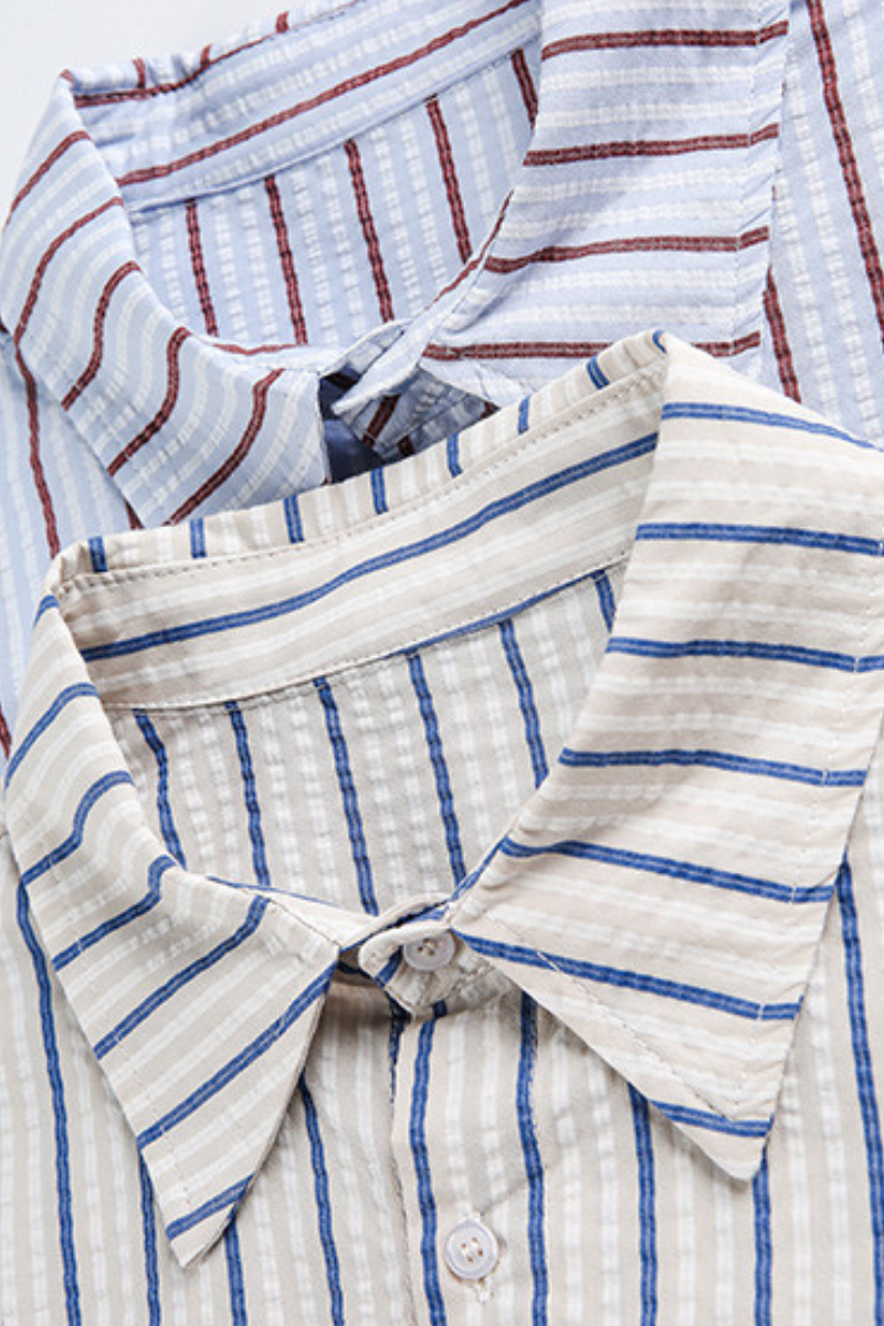 Unisex Spring Cotton Stripe Set-in Long Sleeve Retro Shirt
