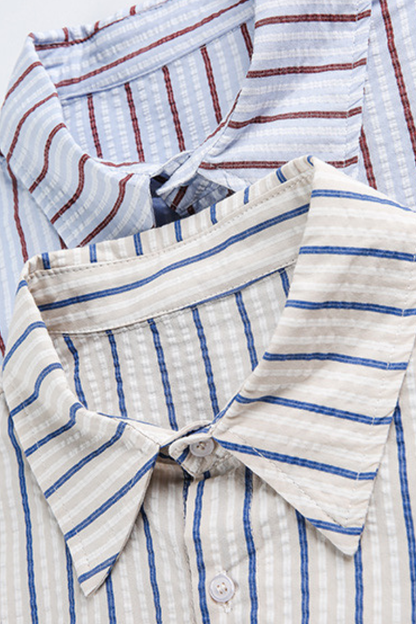 Unisex Spring Cotton Stripe Set-in Long Sleeve Retro Shirt
