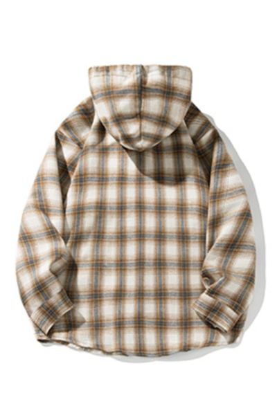 Unisex Spring Vintage Hooded Plaid Button-Down Overshirt