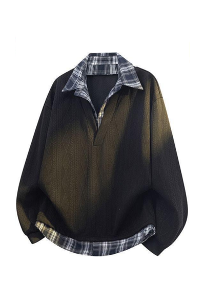Men's Fall Winter Plaid-Collar Layered Jacquard Sweatshirt