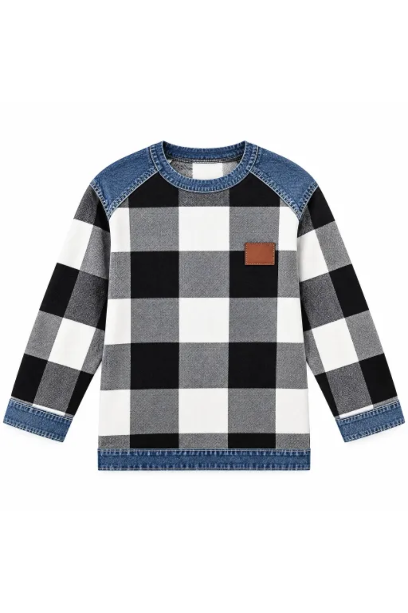 Women Fall Clothing Denim Plaid Patchwork Sweatshirt