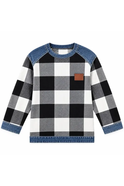 Women Fall Clothing Denim Plaid Patchwork Sweatshirt