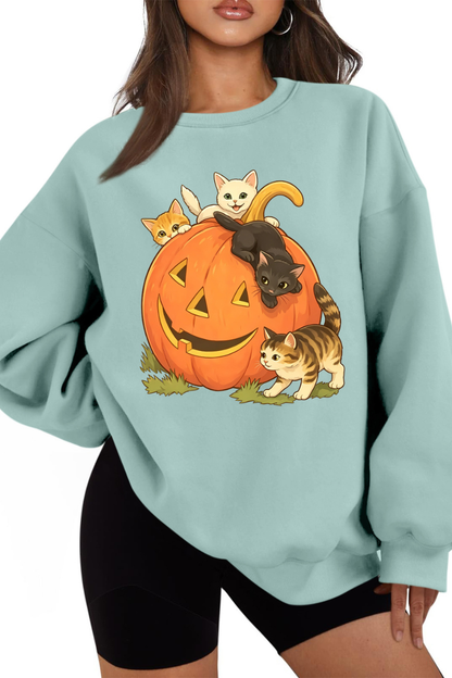 Women Fall Halloween Cat Pumpkin Oversized Sweatshirt