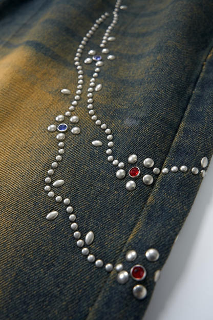 Men's Chain Rhinestone Washed Blue Yellow Fade Wide Jeans