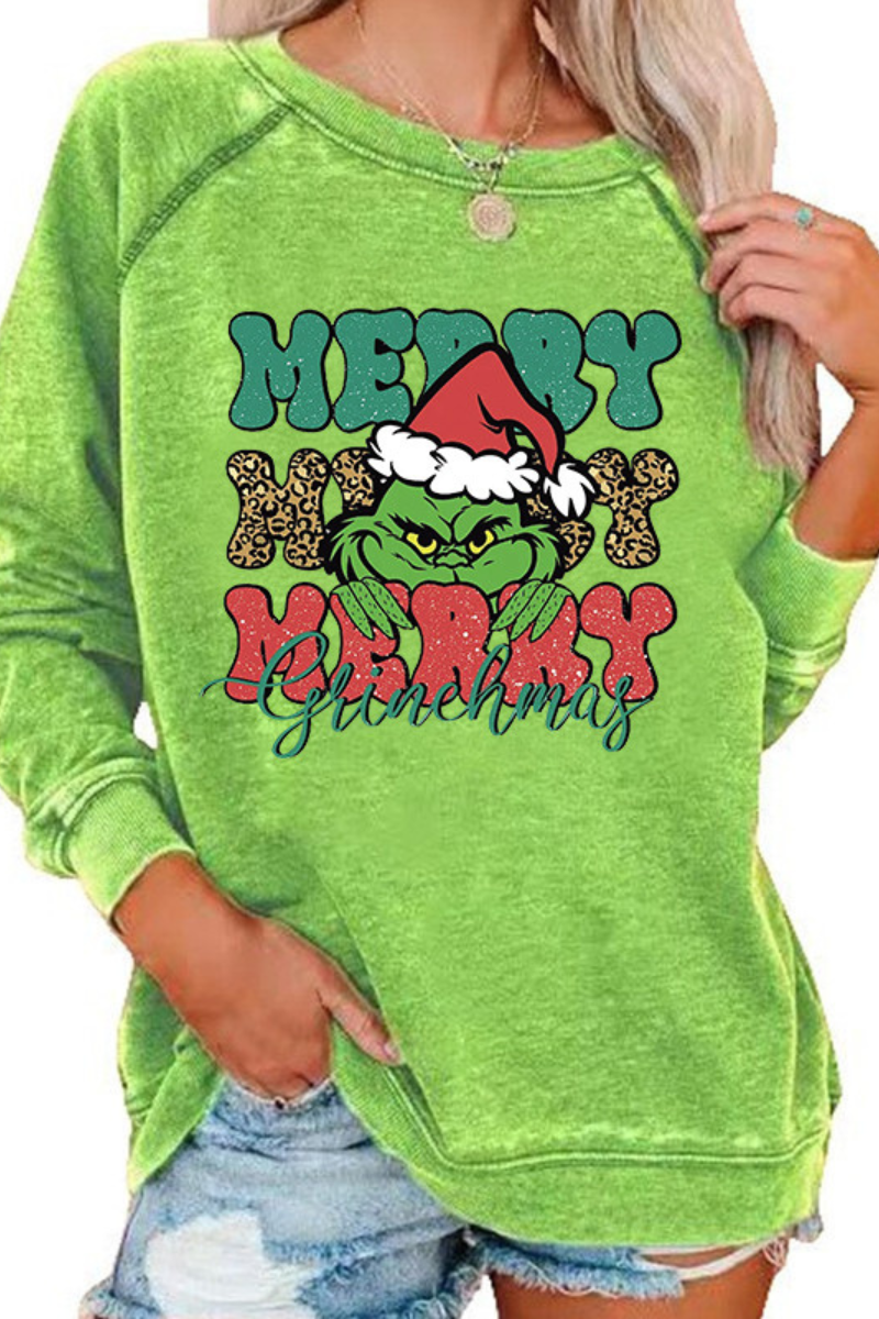 Women's Christmas Grinch Crew Neck Horn Sleeve Sweatshirt