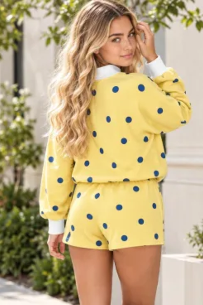 Women Summer Polka Dot Mock Neck Sweatshirt Shorts Set