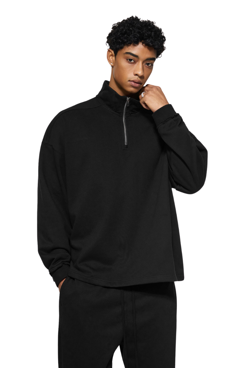 Men's Summer 450g Half Zip Raw Edge StandCollar Sweatshirt
