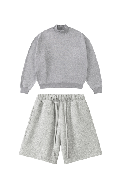 Unisex Winter Boxy Fleece Mock Neck Straight Shorts Set