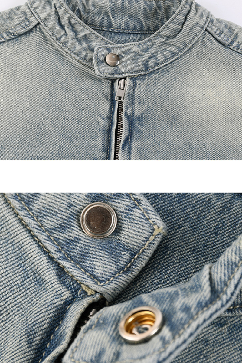 Men's 385g Washed Patchwork Denim StandCollar Zip Jacket