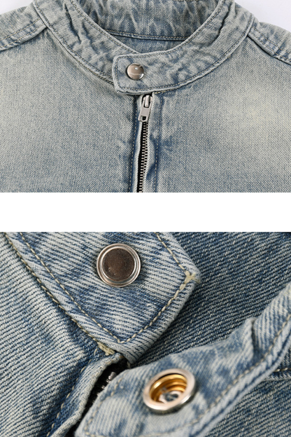 Men's 385g Washed Patchwork Denim StandCollar Zip Jacket