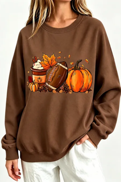 Women Fall Clothing Pumpkin Football Coffee Sweatshirt