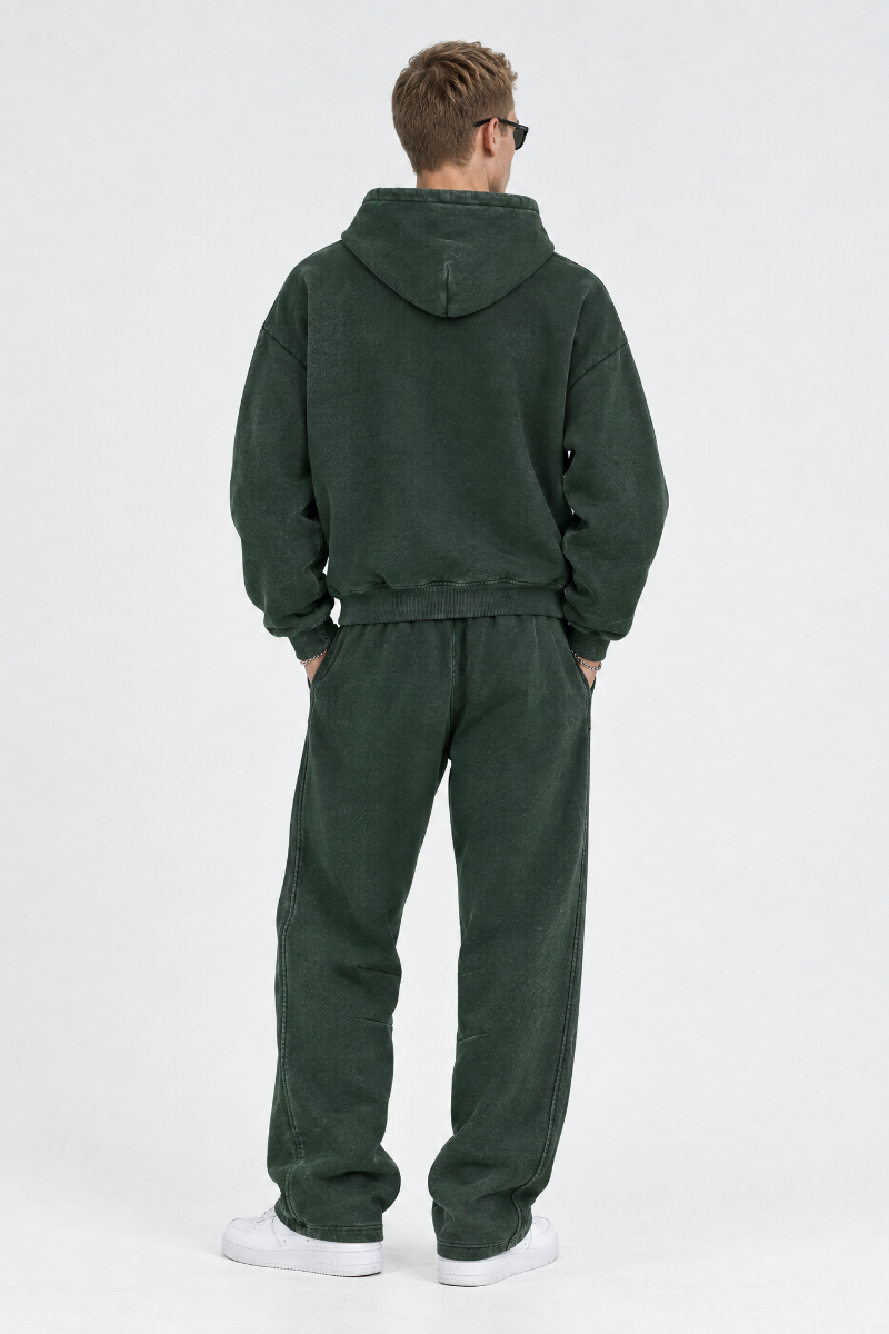 Men Fall Clothing Faded Fleece Hoodie & Wide-Leg Pants Set