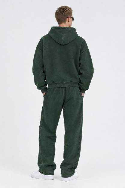 Men Fall Clothing Faded Fleece Hoodie & Wide-Leg Pants Set