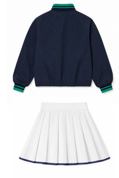 Women Spring Half Zip Cropped Tennis Skirt Activewear Set