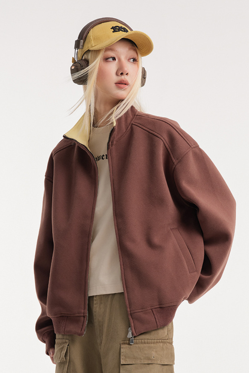 Unisex American Retro Stand Collar Zip Loose Hoodie Cleanfit