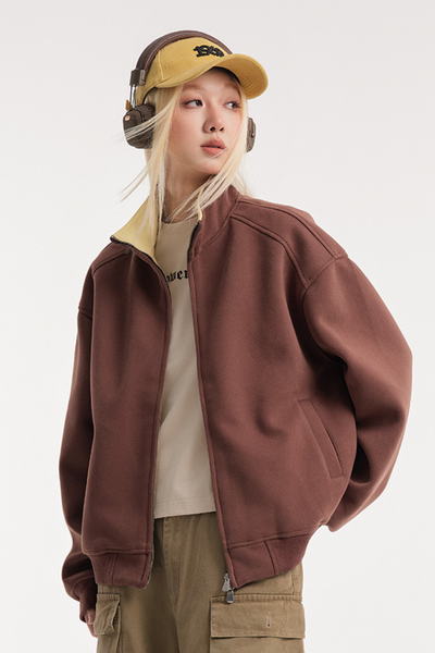 Unisex American Retro Stand Collar Zip Loose Hoodie Cleanfit